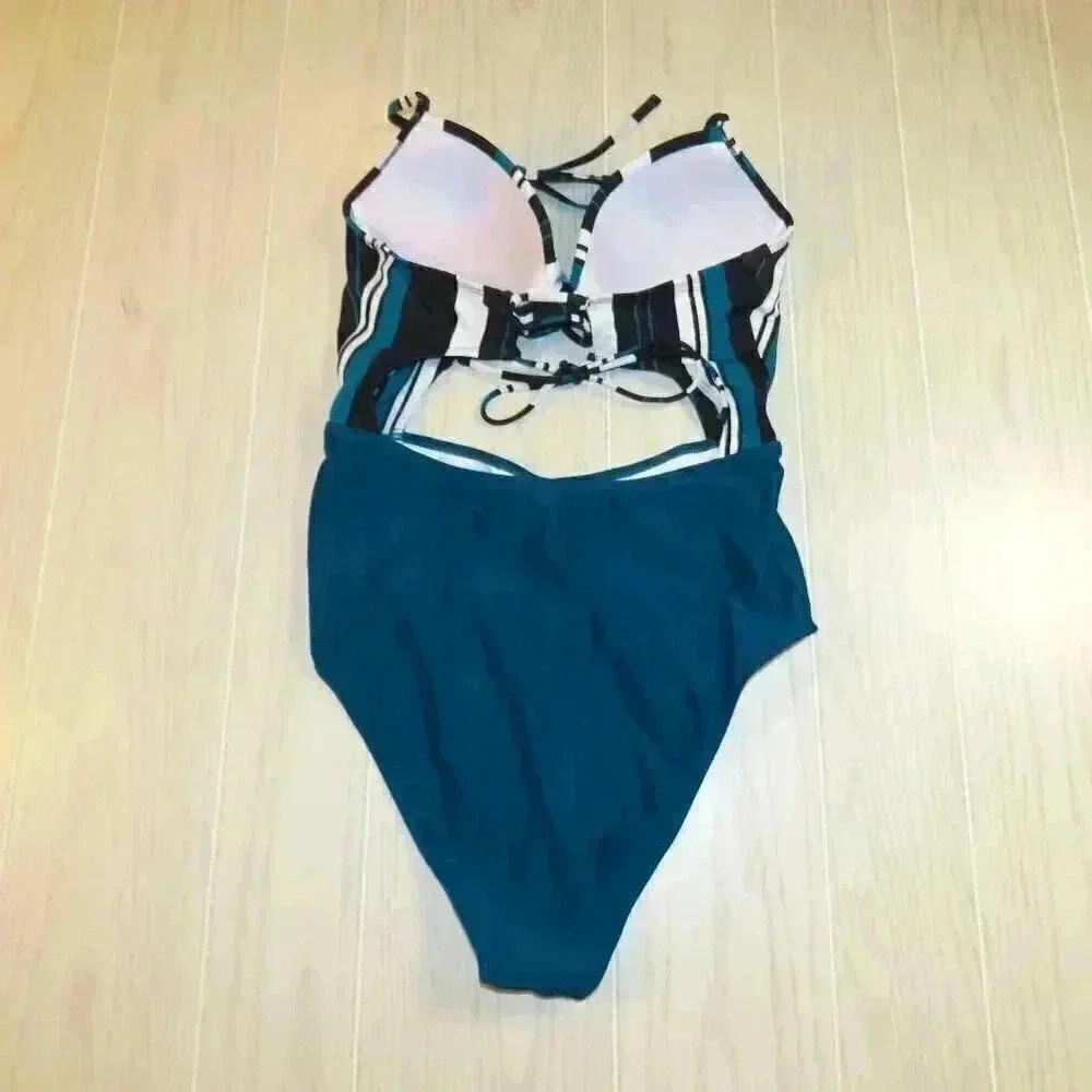 Stripe Cutout Halter Twist One Piece Swimsuit Women Size L - Picture 3 of 7
